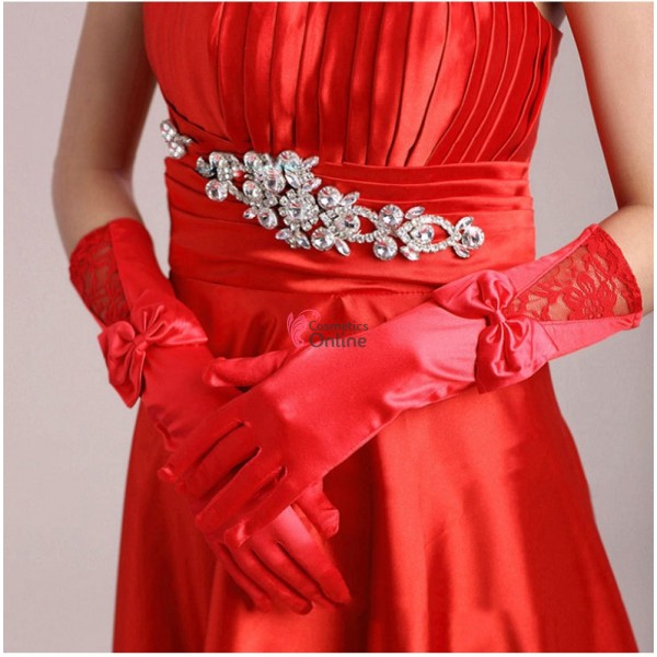 Manusi elegante din satin cu dantela MNS019DD lungi Rosii